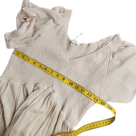 Baltic Born Lovell Smocked Midi Dress, V-Neck, Lined, Flutter Sleeve, Beige, M - Picture 4 of 6